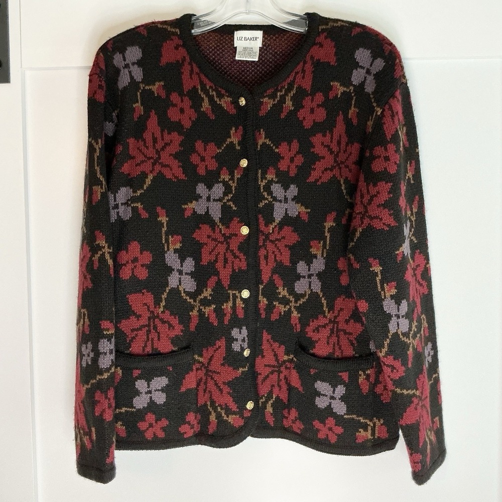 Vintage Liz Baker CottageCore Button Up Dark‎ Floral Cardigan sz Medium Chunky